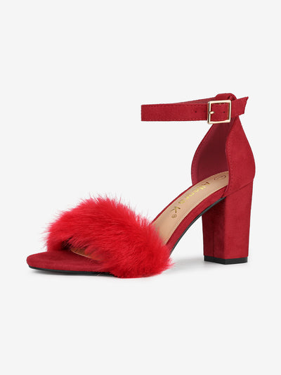 Faux Fur Ankle Strap Block Heel Sandals