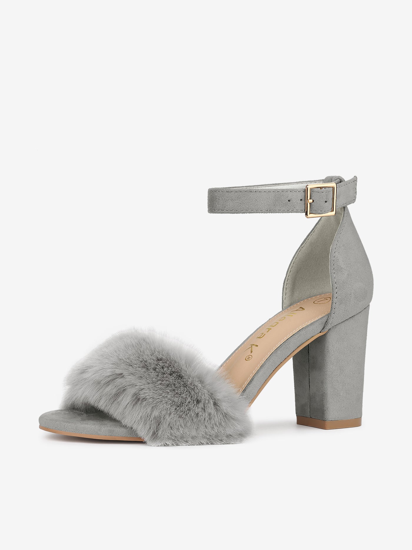 Allegra K Faux Fur Ankle Strap Block Heel Sandals