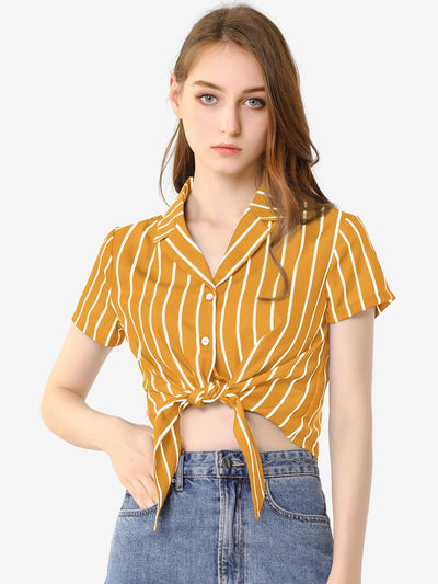 Striped Button Up Lapel Collar Top Short Sleeve Tie Front Crop Shirt