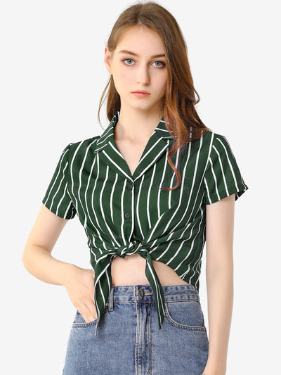 Striped Button Up Lapel Collar Top Short Sleeve Tie Front Crop Shirt