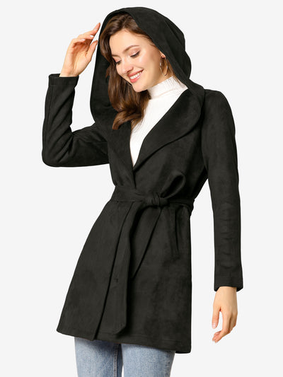 Faux Suede Hooded Winter Long Sleeve Belted Wrap Coat
