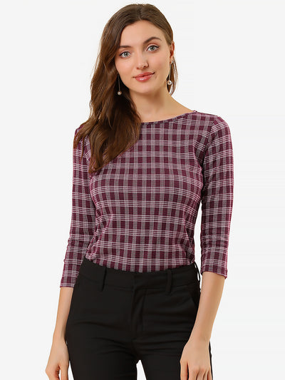 Work Office 3/4 Sleeve Boat Neck Houndstooth Printed Top Blouse