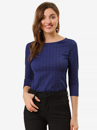 Work Office 3/4 Sleeve Boat Neck Houndstooth Printed Top Blouse