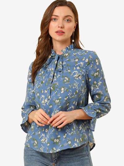 Ruffle Collar 3/4 Sleeve Tie Neck Chiffon Floral Blouse Top