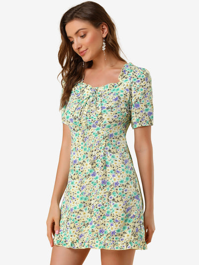 Floral Ruffle Square Neck Short Sleeve Summer Mini Dress