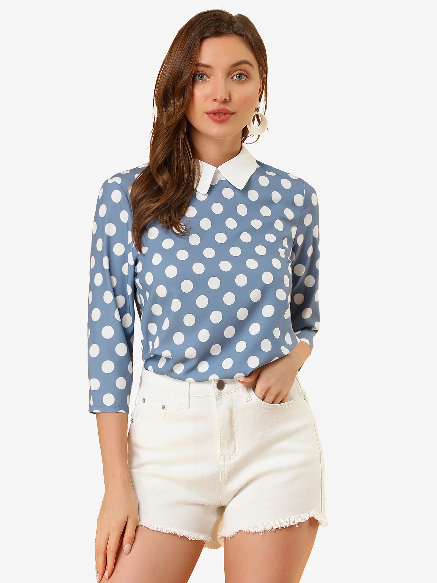 Allegra K Polka Dots Contrast Peter Pan Collar Top 3/4 Sleeve Blouse Shirt