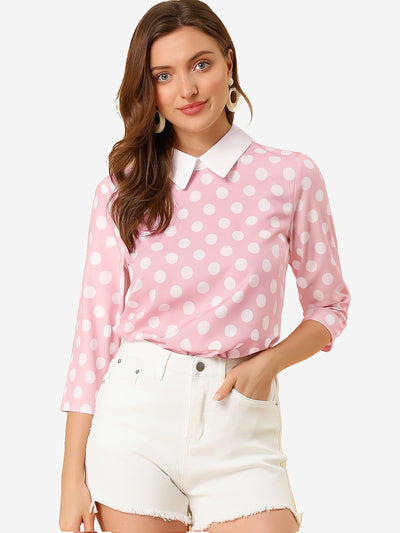 Polka Dots Contrast Peter Pan Collar Top 3/4 Sleeve Blouse Shirt