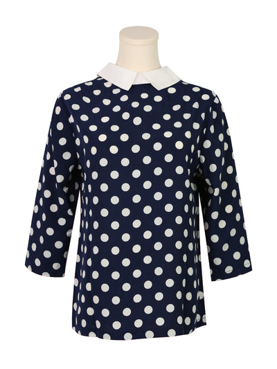 Polka Dots Contrast Peter Pan Collar Top 3/4 Sleeve Blouse Shirt