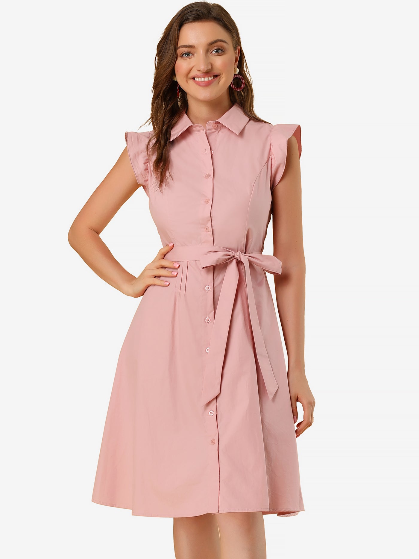 Allegra K Office Ruffled Sleeve Belted Cotton Button Midi Shirt Dress