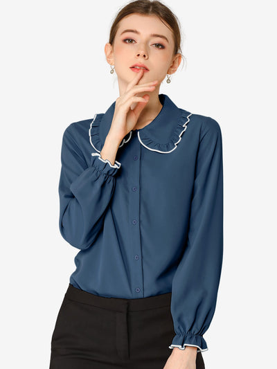 Sweet Ruffle Peter Pan Collar Long Sleeve Button Up Shirt