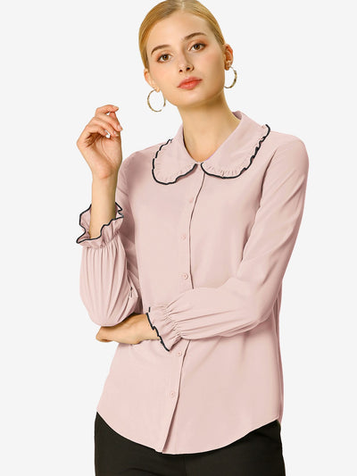 Sweet Ruffle Peter Pan Collar Long Sleeve Button Up Shirt