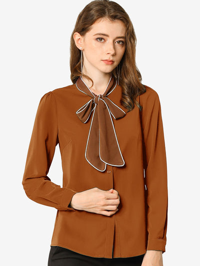 Tie Neck Contrast Color Button Down Long Sleeve Shirt