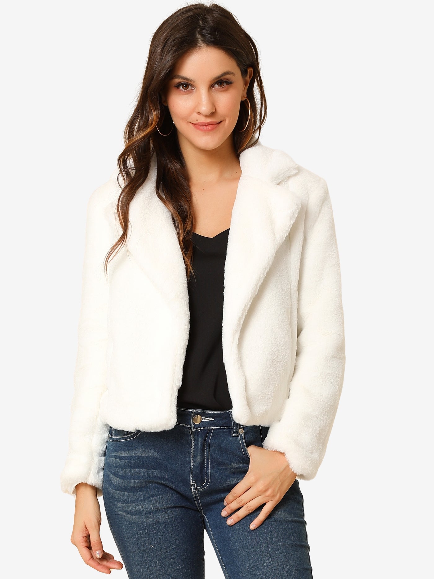 Allegra K Autumn Winter Cropped Jacket Notch Lapel Faux Fur Fluffy Coat