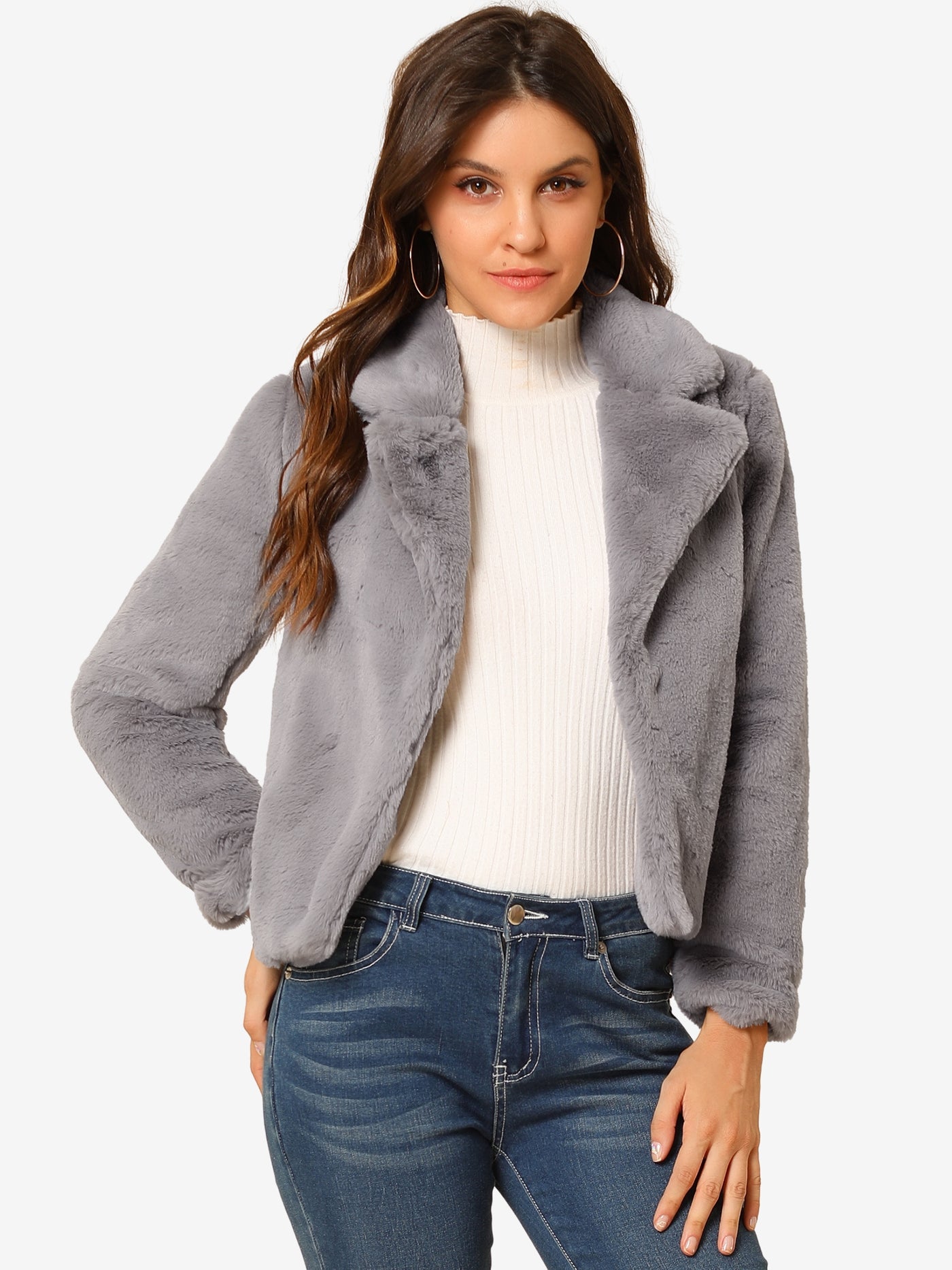 Allegra K Autumn Winter Cropped Jacket Notch Lapel Faux Fur Fluffy Coat