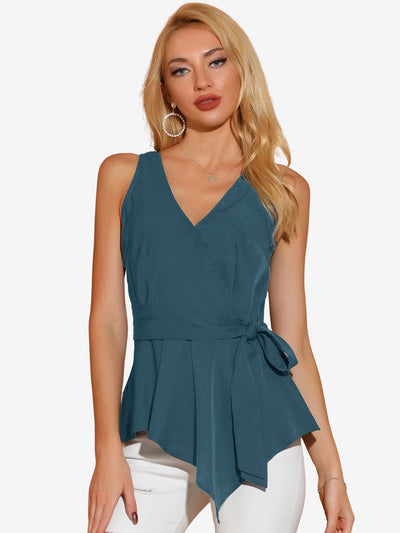 Summer Sleeveless V Neckline Wrap Elegant Tie Waist Top