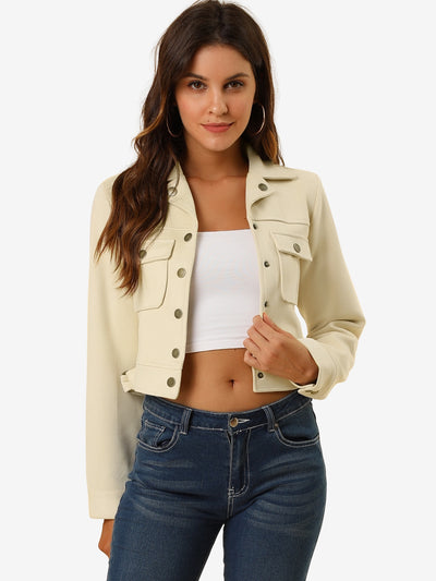 Faux Suede Jacket Button Down Collar Pockets Crop Moto Biker Coat