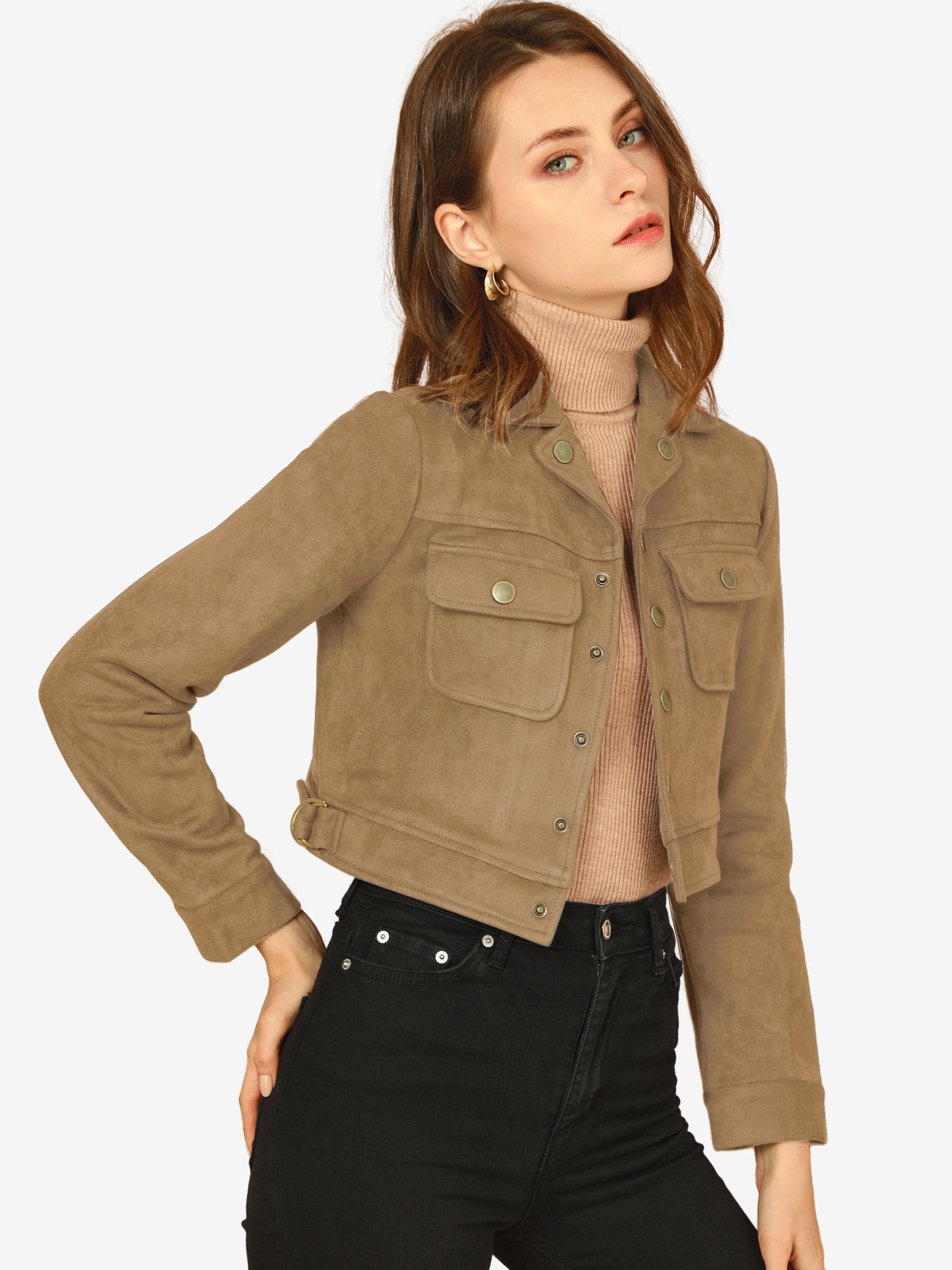 Allegra K Faux Suede Jacket Button Down Collar Pockets Crop Moto Biker Coat