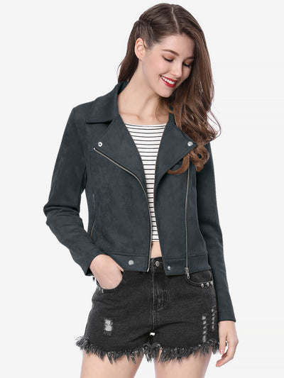 Faux Suede Casual Short Soft Zip Up Biker Moto Jacket