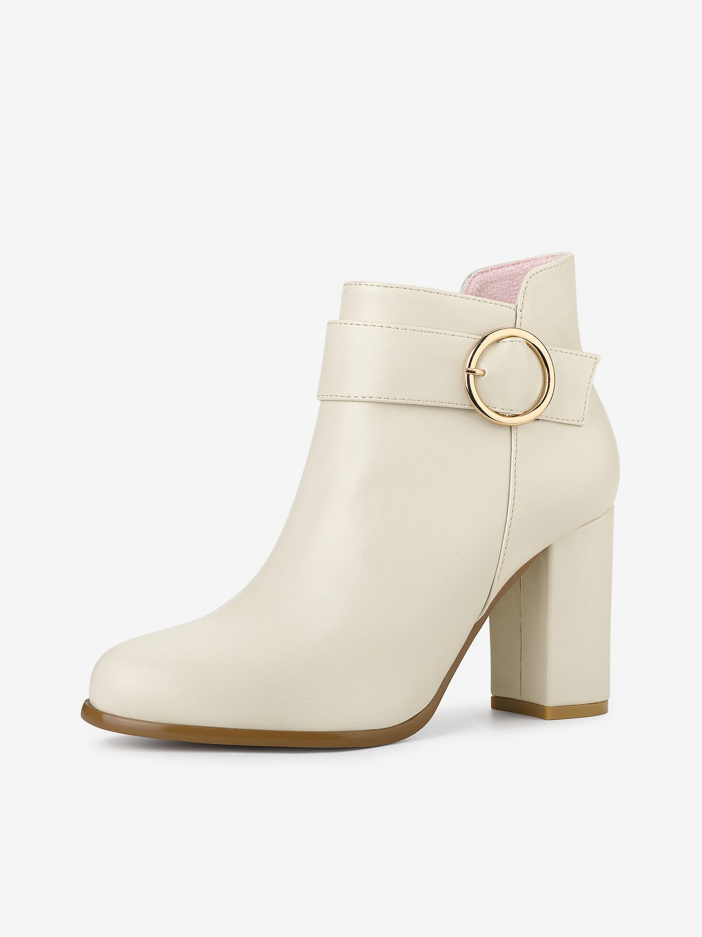 Allegra K Round Toe Circle Buckle Chunky Heel Ankle Boots