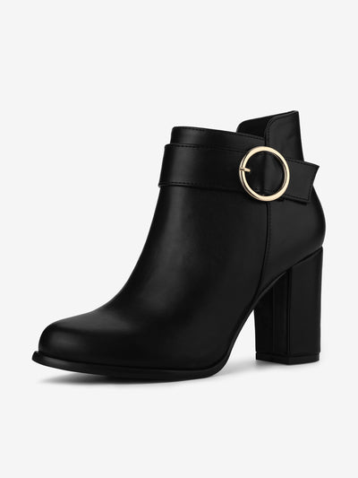 Round Toe Circle Buckle Chunky Heel Ankle Boots