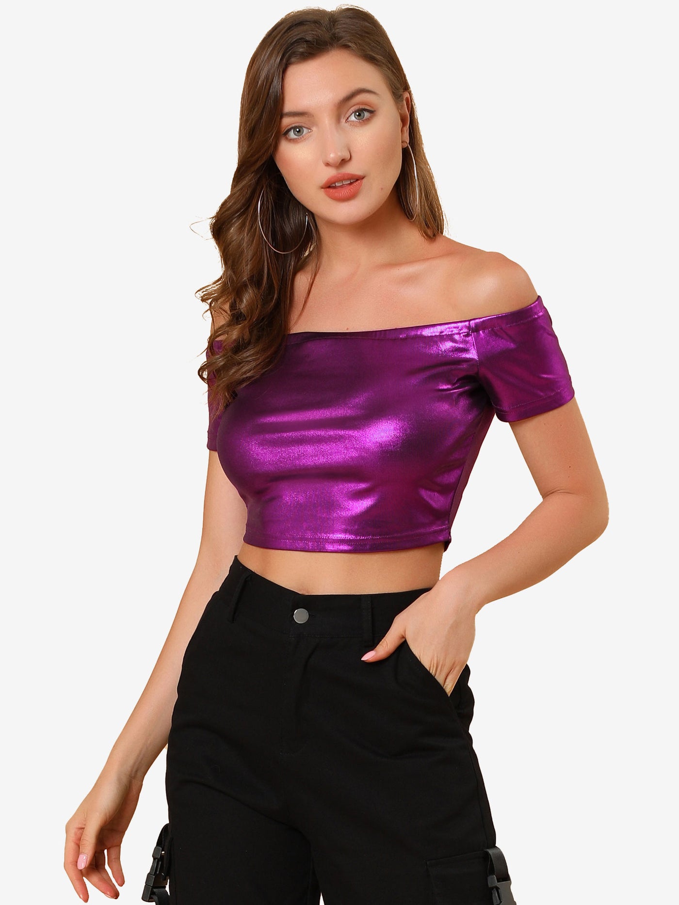 Allegra K Halloween Off Shoulder Party Club Slim Fit Shiny Metallic Crop Top