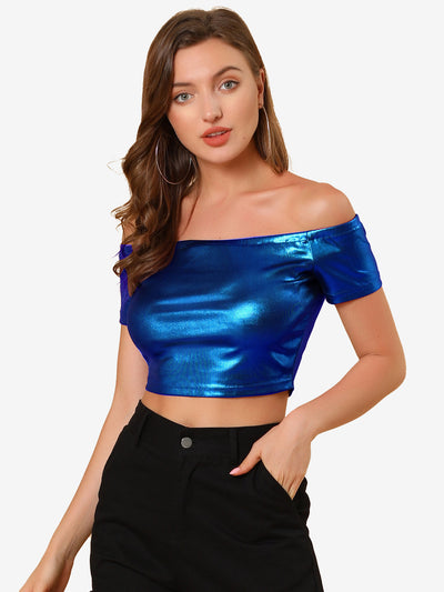 Halloween Off Shoulder Party Club Slim Fit Shiny Metallic Crop Top