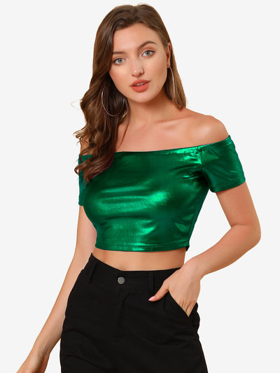 Halloween Off Shoulder Party Club Slim Fit Shiny Metallic Crop Top