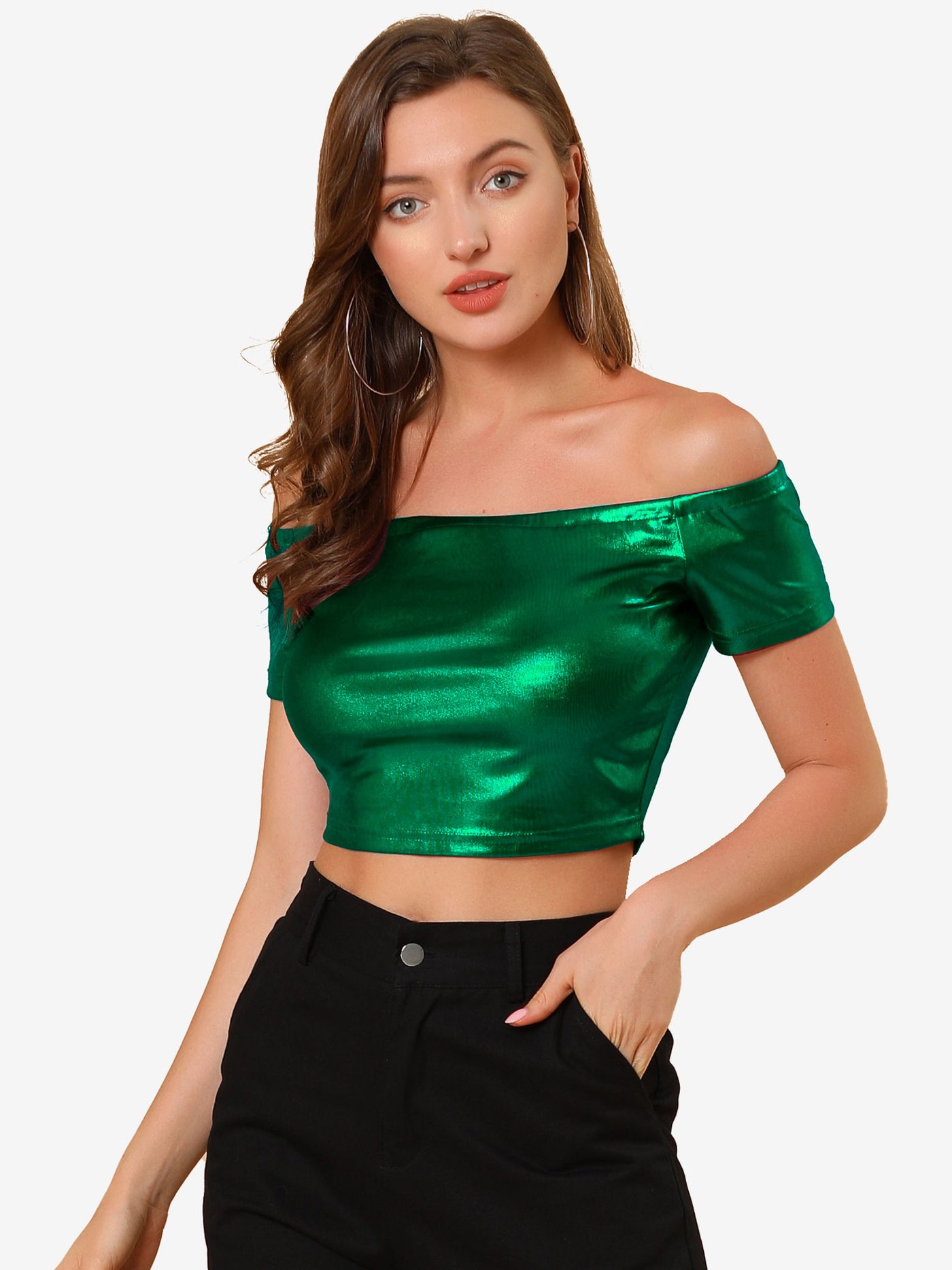 Allegra K Halloween Off Shoulder Party Club Slim Fit Shiny Metallic Crop Top