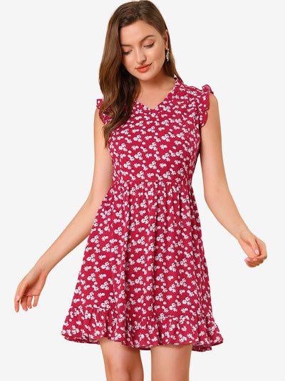 Floral Print V Neck A-Line Summer Sleeveless Ruffle Mini Dress Sundress