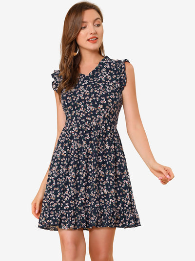 Floral Print V Neck A-Line Summer Sleeveless Ruffle Mini Dress Sundress