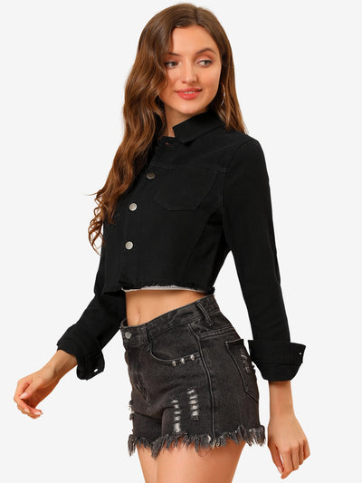 Trendy Frayed Button Up Washed Cropped Denim Jacket