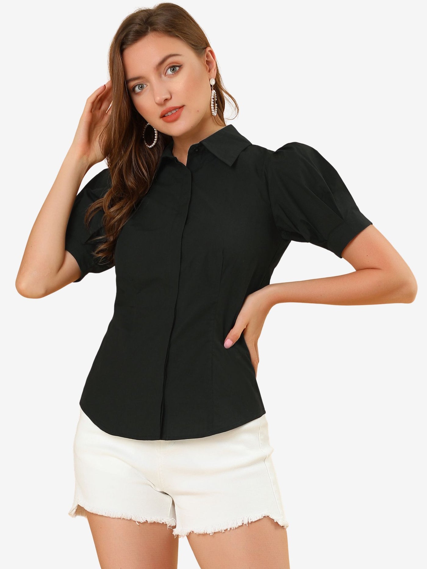 Allegra K Puff Sleeve Collared Cotton Work Office Button Down Shirt