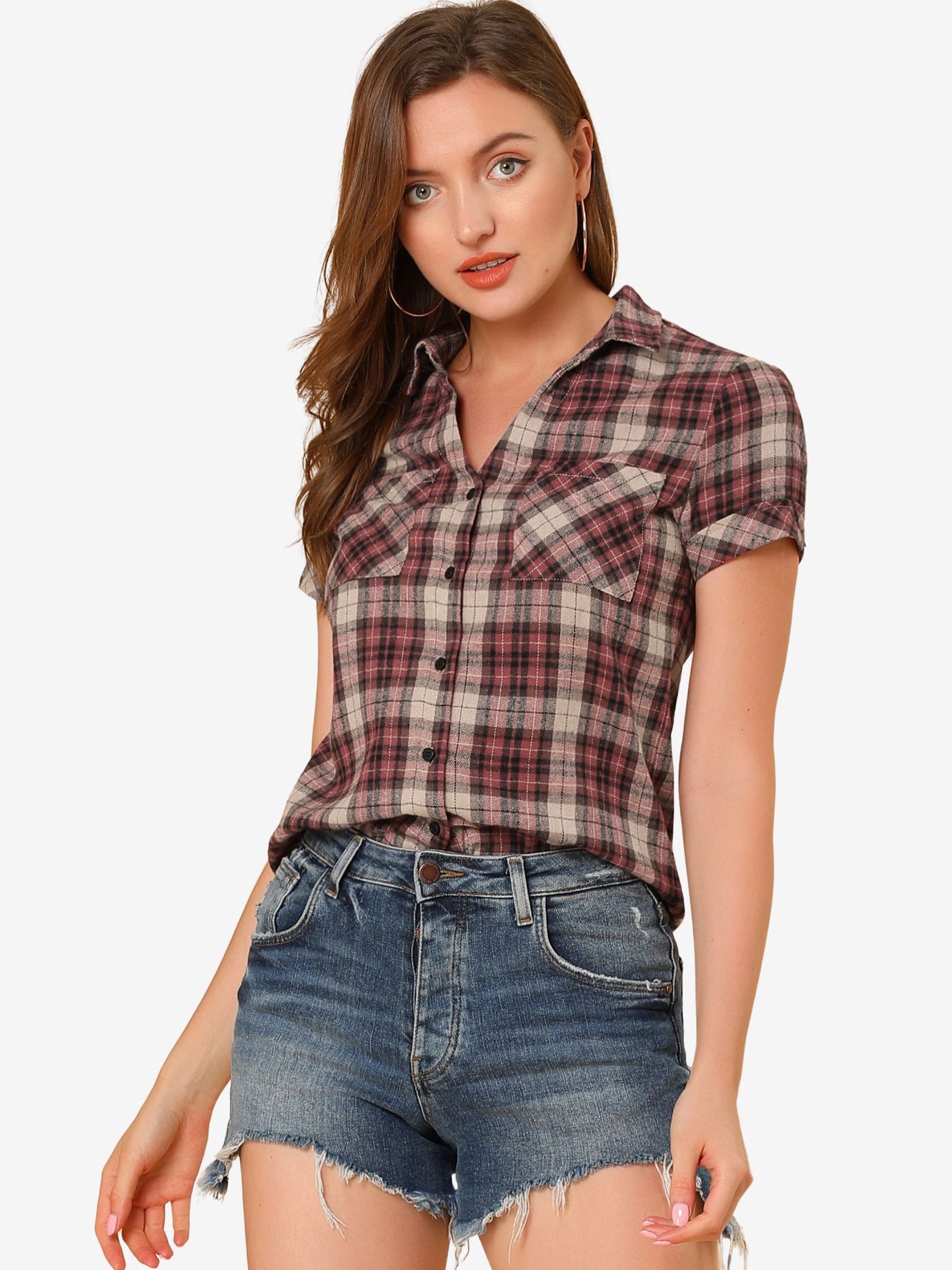 Allegra K Cotton Classic Button Down Plaid Short Sleeve Shirt