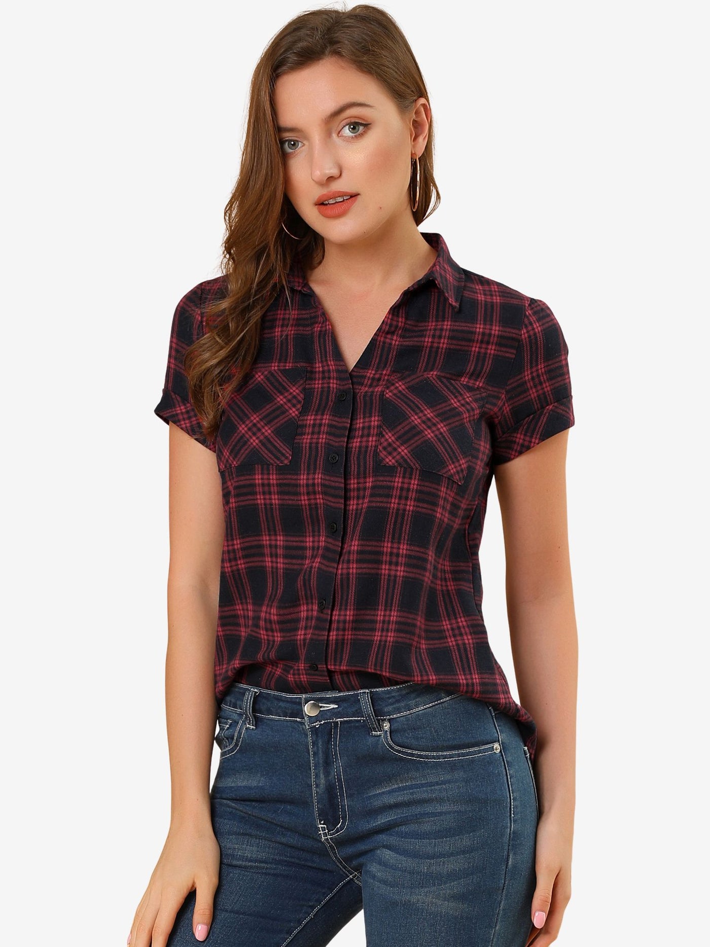 Allegra K Cotton Classic Button Down Plaid Short Sleeve Shirt