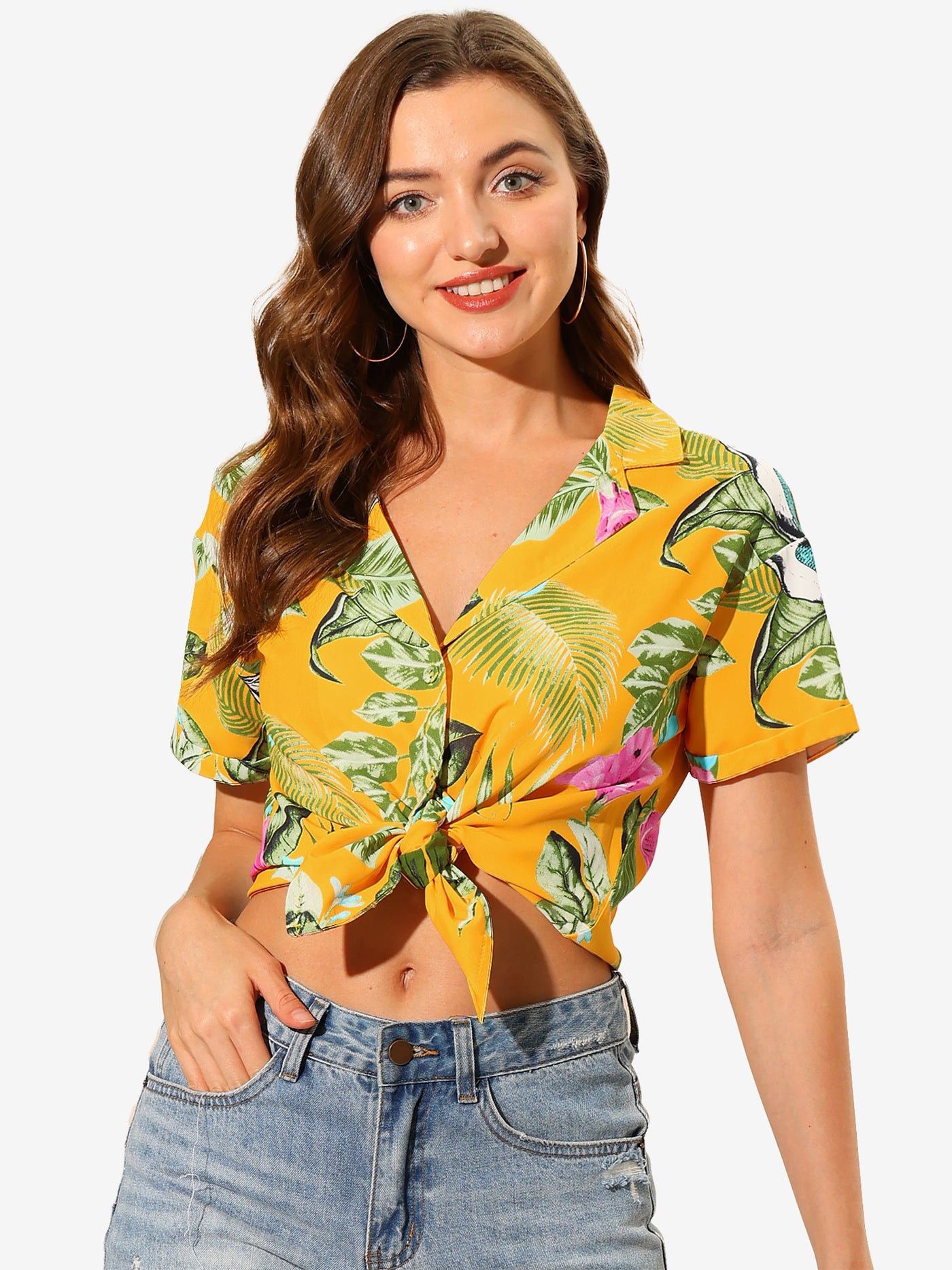 Allegra K Hawaiian Floral Leaves Tropical Button Down Shirt