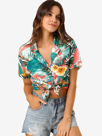 Hawaiian Tropical Leaves Floral Short Sleeve Button Down Shirt