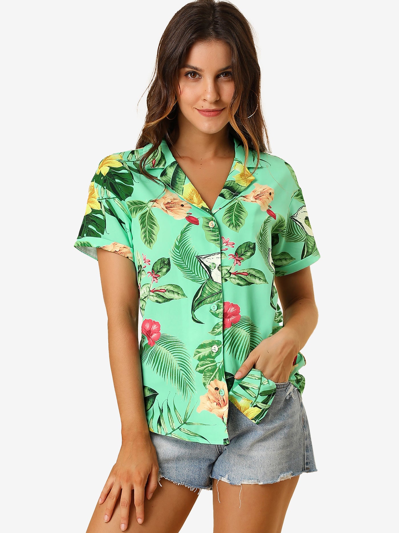 Allegra K Hawaiian Floral Leaves Tropical Button Down Shirt
