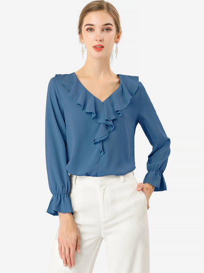 Ruffle Neck Gathered Cuff Long Sleeves Blouse