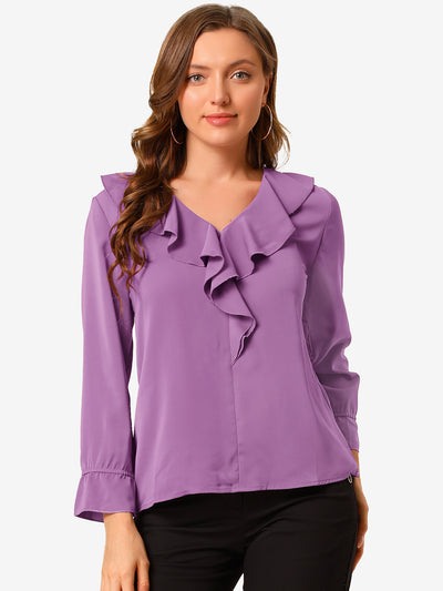 Polyester H Line Ruffle Neck Gathered Cuff Blouse