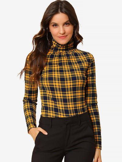 Long Sleeve Turtleneck Stretch Slim Christmas Party Plaid Shirt