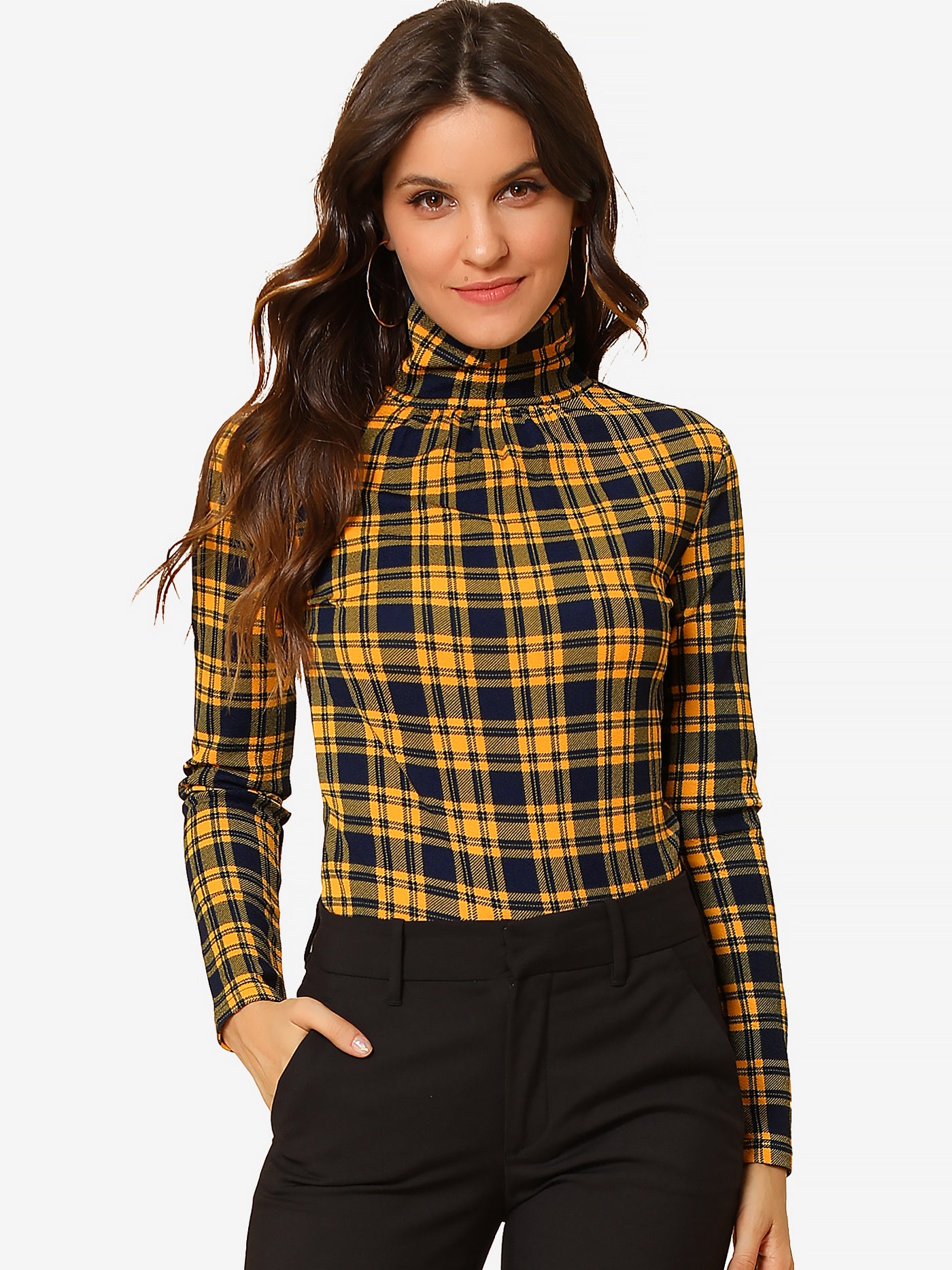 Allegra K Long Sleeve Turtleneck Stretch Slim Christmas Party Plaid Shirt