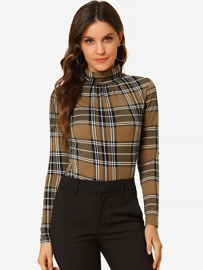 Long Sleeve Turtleneck Stretch Slim Christmas Party Plaid Shirt