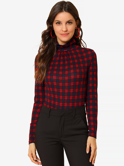 Long Sleeve Turtleneck Stretch Slim Christmas Party Plaid Shirt