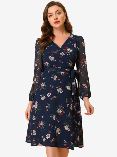 Chiffon Floral V Neck Tie Waist Bishop Sleeve Casual Wrap Midi Dress