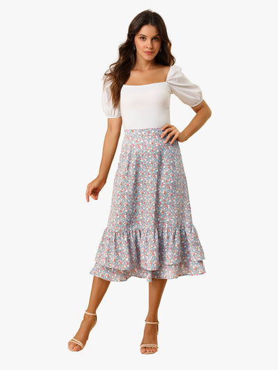 Printed Chiffon Elastic Waist Ruffle Tiered Flowy Midi Skirt