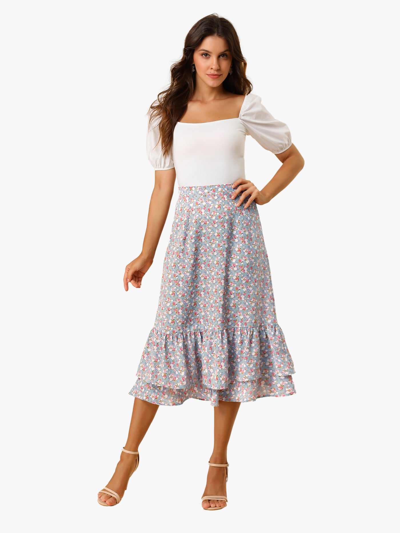 Allegra K Printed Chiffon Elastic Waist Ruffle Tiered Flowy Midi Skirt