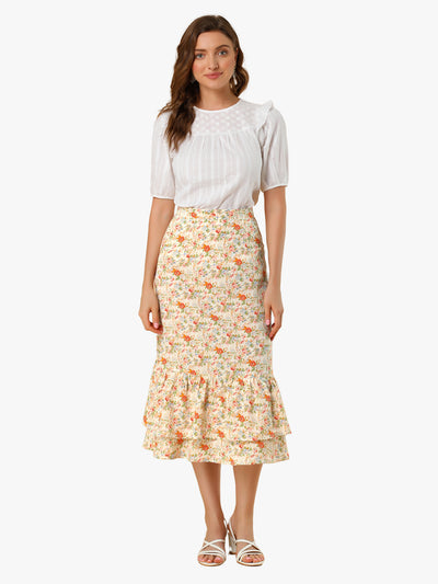 Printed Chiffon Elastic Waist Ruffle Tiered Flowy Midi Skirt