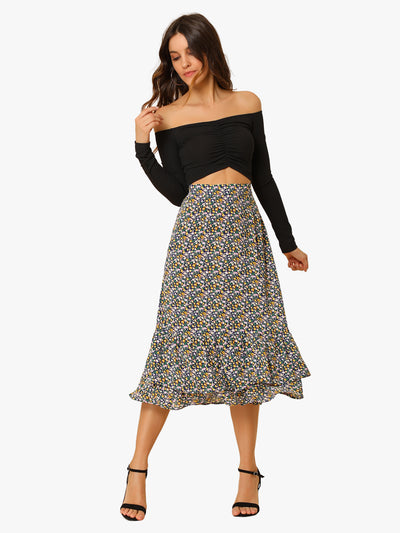 Printed Chiffon Elastic Waist Ruffle Tiered Flowy Midi Skirt