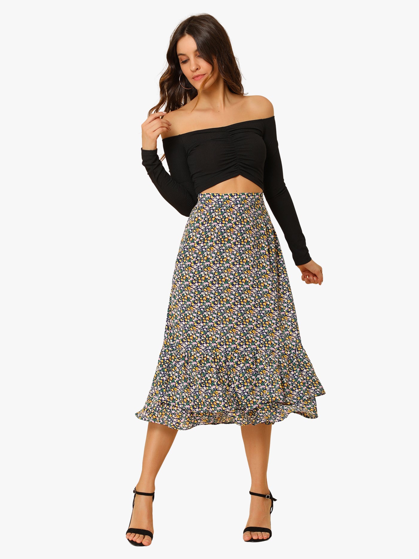 Allegra K Printed Chiffon Elastic Waist Ruffle Tiered Flowy Midi Skirt