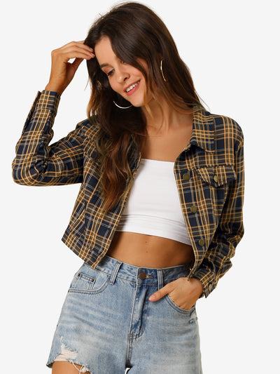 Plaid Cropped Long Sleeve Lapel Button Down Moto Jacket